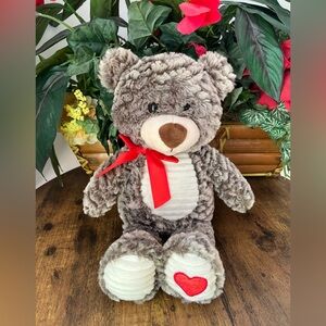 Hugfun Gray Plush Teddy Bear with Red Bow & Heart Paw – Valentine’s Gift